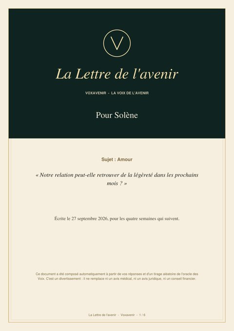 Couverture d'une Lettre de l'avenir (exemple, prénom fictif)