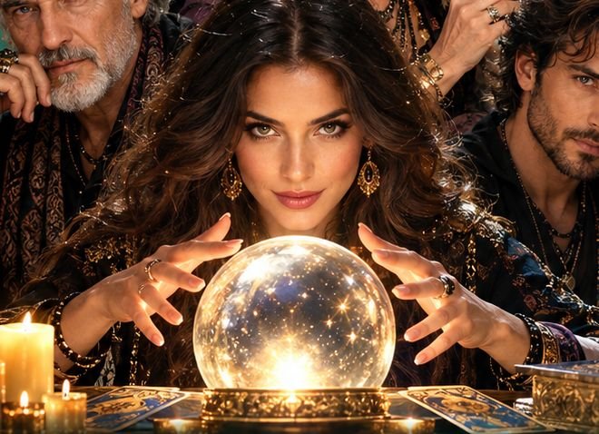 Voyante devant une boule de cristal, cartes de tarot sur la table