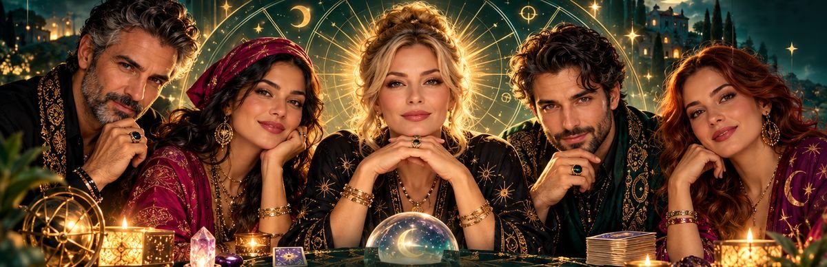 Voyants et voyantes réunis autour d'une boule de cristal